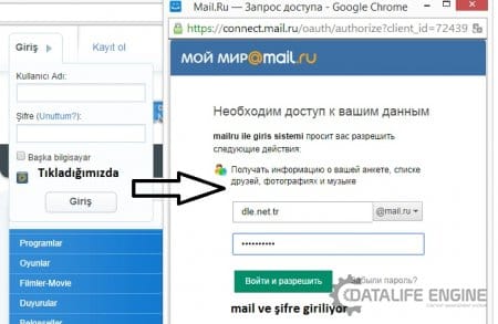 DLE 10.3 Mail.Ru ile giriş (üyelik) aktif etme