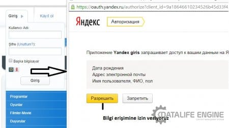 DLE 10.3 Yandex ile giriş (üyelik) aktif etme
